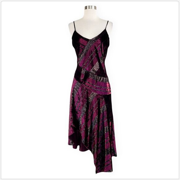 Parker Selma Velvet Metallic Burgundy Asymmetric Midi Slip Dress New NWT 4 8 - Picture 3 of 7